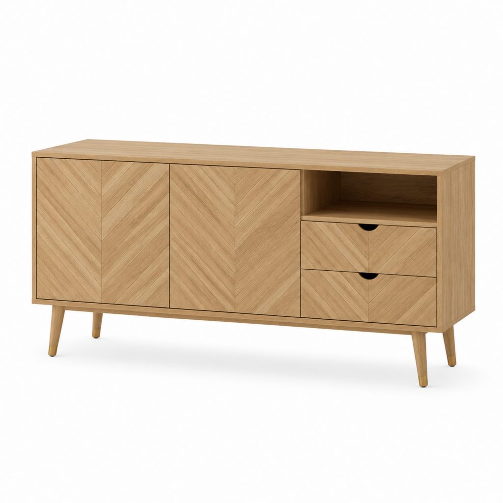 Meuble TV 2 portes 2 tiroirs chêne clair en MDF plaqué chêne 160 x 40 x 75 cm