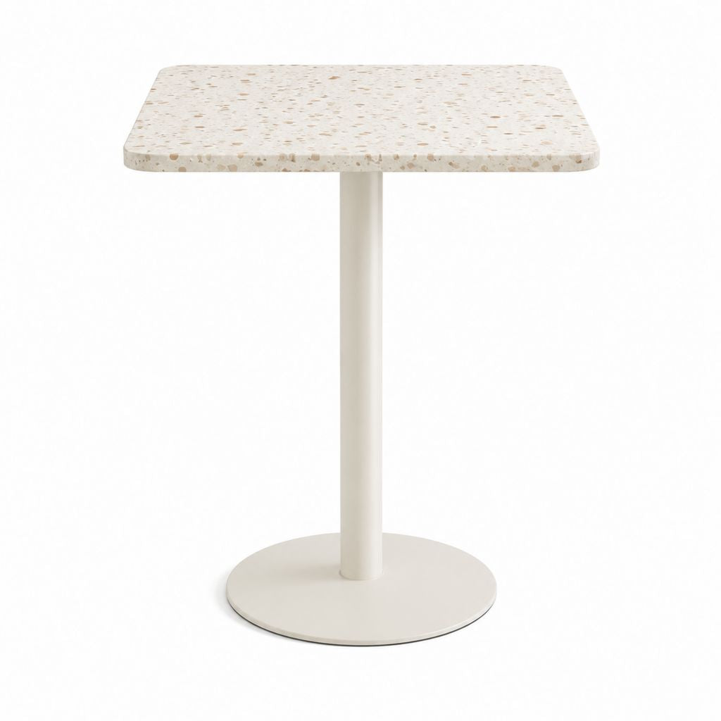 Table de bar carrée beige effet terrazzo avec piètement en acier 70 x 70 x 105 cm