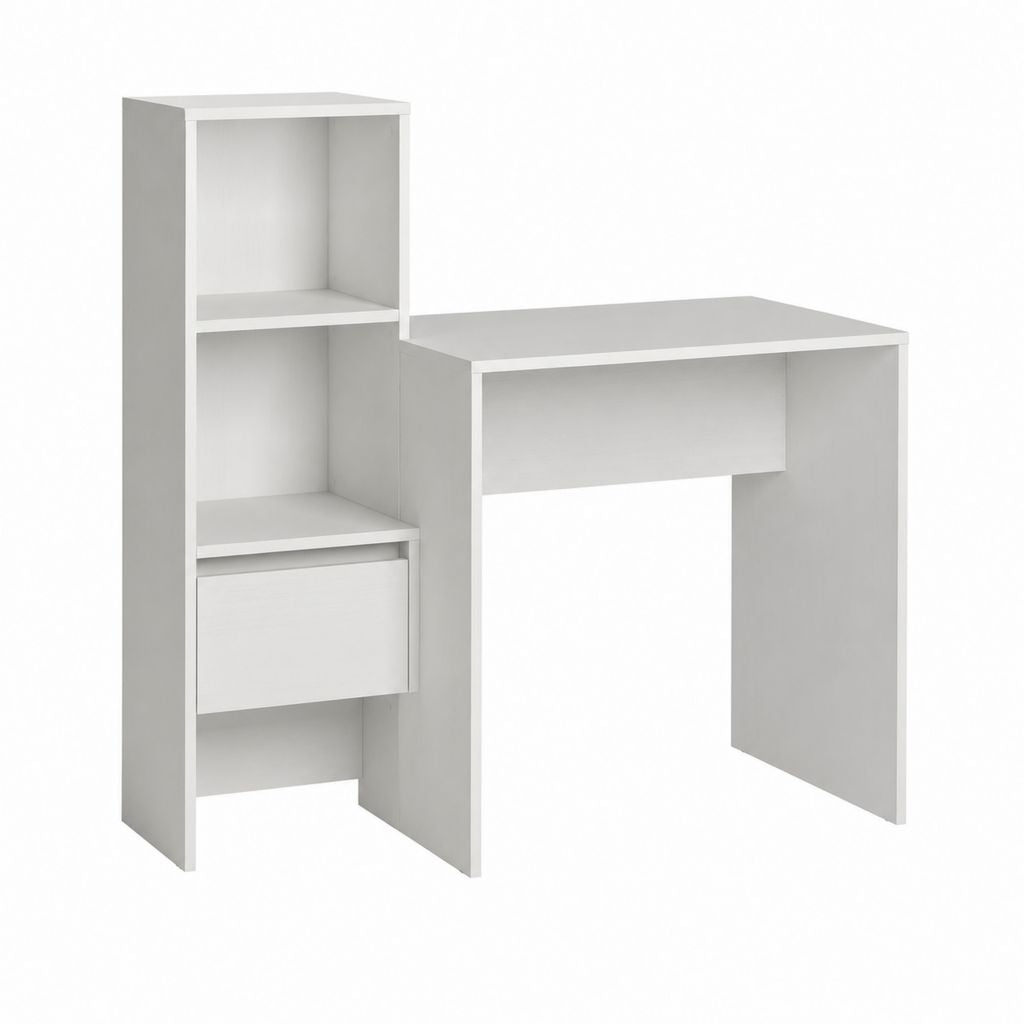 Bureau informatique blanc en panneaux de particules rectangulaire avec étagères et tiroir 120 x 50 x 121 cm