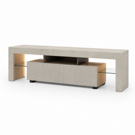 Meuble TV contemporain gris béton et chêne clair en MDF avec étagères en verre trempé 180 x 40 x 65 cm