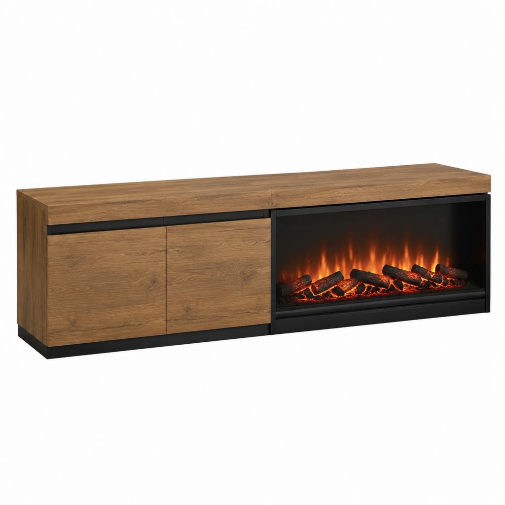 Meuble TV avec cheminée électrique rectangulaire en panneaux de particules décor chêne et verre noir 160 x 40 x 60 cm