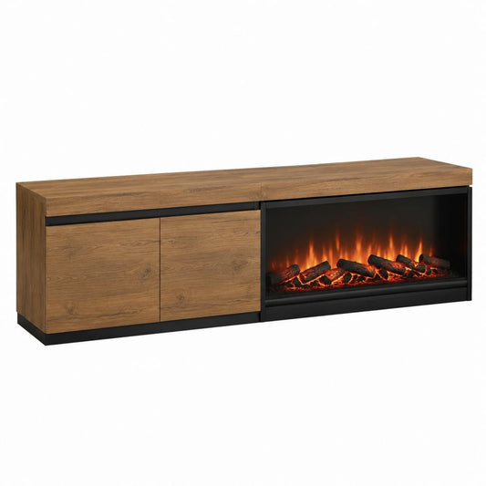 Meuble TV avec cheminée électrique rectangulaire en panneaux de particules décor chêne et verre noir 160 x 40 x 60 cm