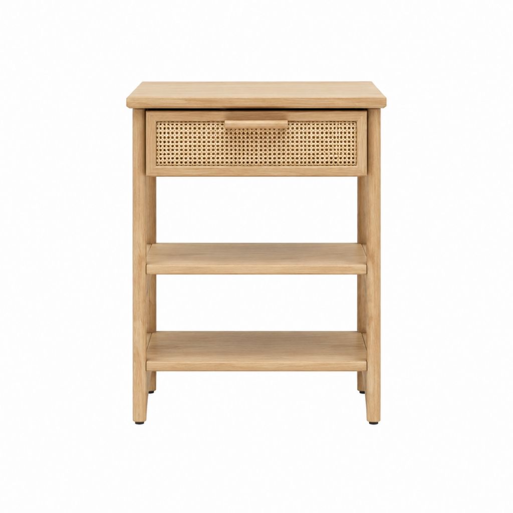 Table de chevet beige en bois massif d'hévéa et cannage de rotin 45 x 35 x 65 cm
