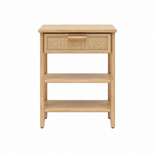 Table de chevet beige en bois massif d'hévéa et cannage de rotin 45 x 35 x 65 cm
