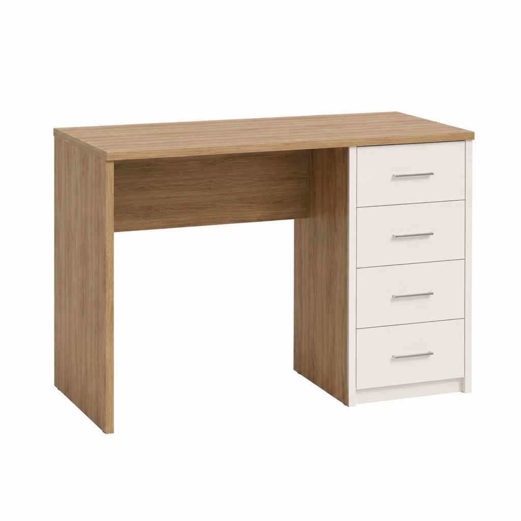 Bureau informatique avec 4 tiroirs chêne clair et blanc en panneaux de particules 120 x 60 x 75 cm