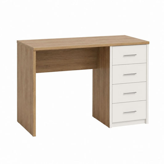Bureau informatique avec 4 tiroirs chêne clair et blanc en panneaux de particules 120 x 60 x 75 cm