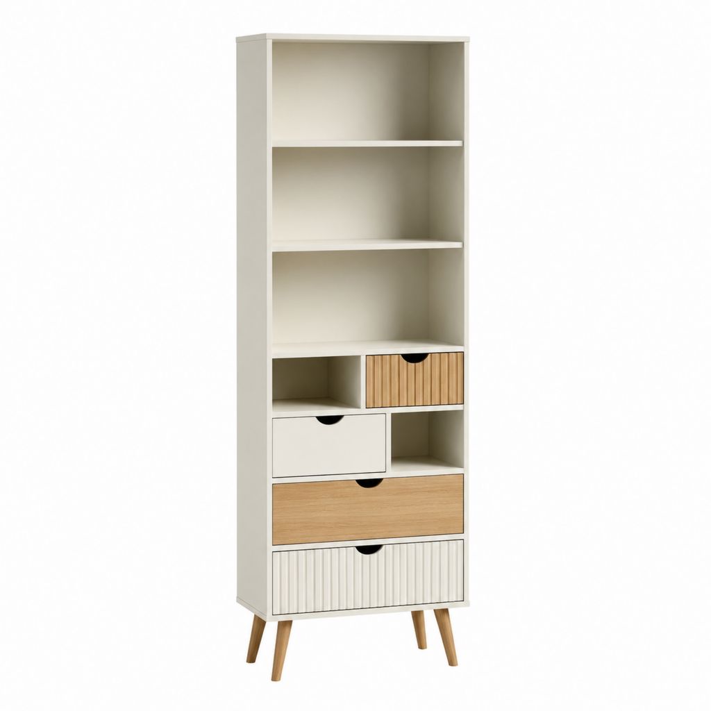 Bibliothèque colonne avec tiroirs blanc et bois clair en panneaux MDF 60 x 35 x 180 cm