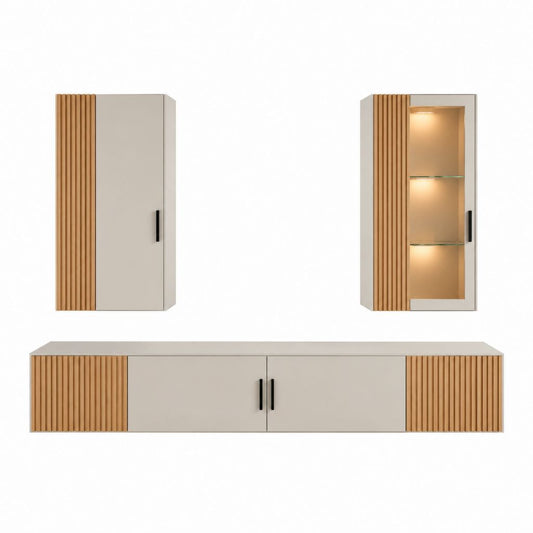 Ensemble meuble TV mural 3 pièces beige et chêne en MDF 200 x 40 x 35 cm