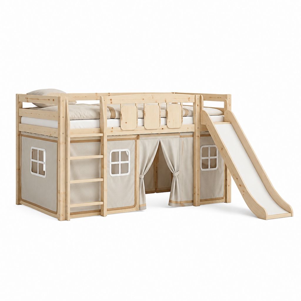 Lit mezzanine enfant avec toboggan en pin massif naturel et rideaux beige 90 x 200 cm 208 x 210 x 114 cm