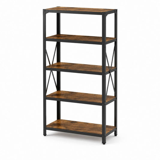 Étagère de rangement rectangulaire 5 niveaux marron rustique et noir en panneaux de particules et acier 72 x 34 x 148 cm