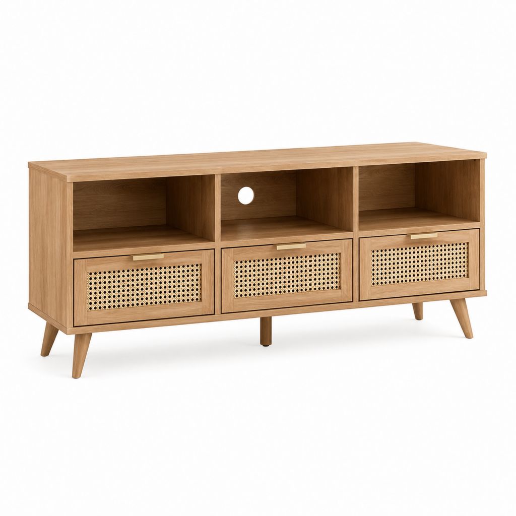 Meuble TV en panneaux MDF plaqués chêne naturel avec cannage en rotin 150 x 40 x 65 cm