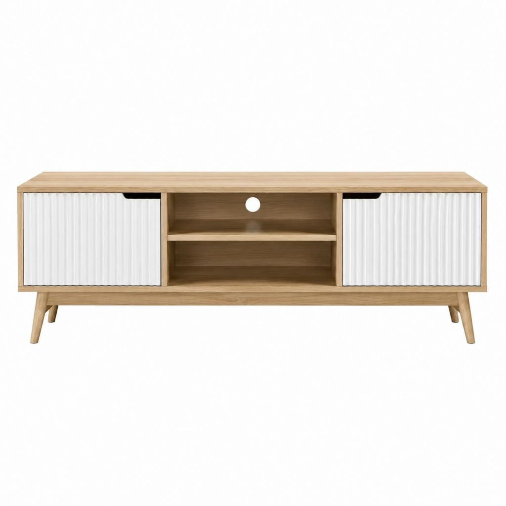 Meuble TV rectangulaire chêne clair et blanc en MDF plaqué chêne 160 x 40 x 55 cm