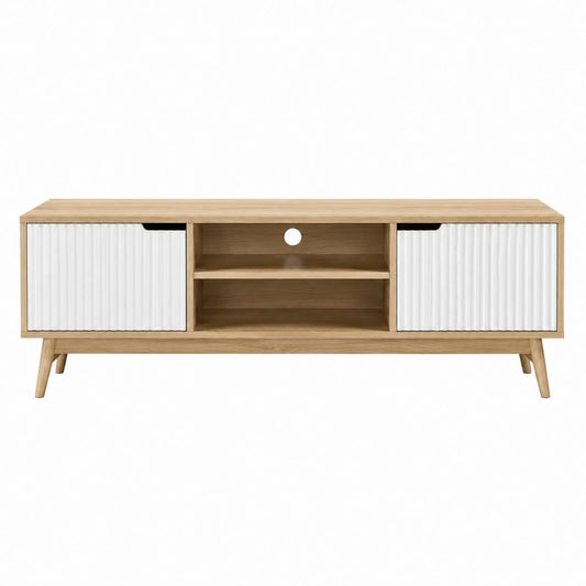 Meuble TV rectangulaire chêne clair et blanc en MDF plaqué chêne 160 x 40 x 55 cm