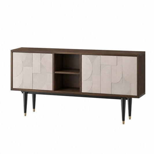 Meuble TV 4 portes brun foncé et beige en MDF 180 x 40 x 75 cm