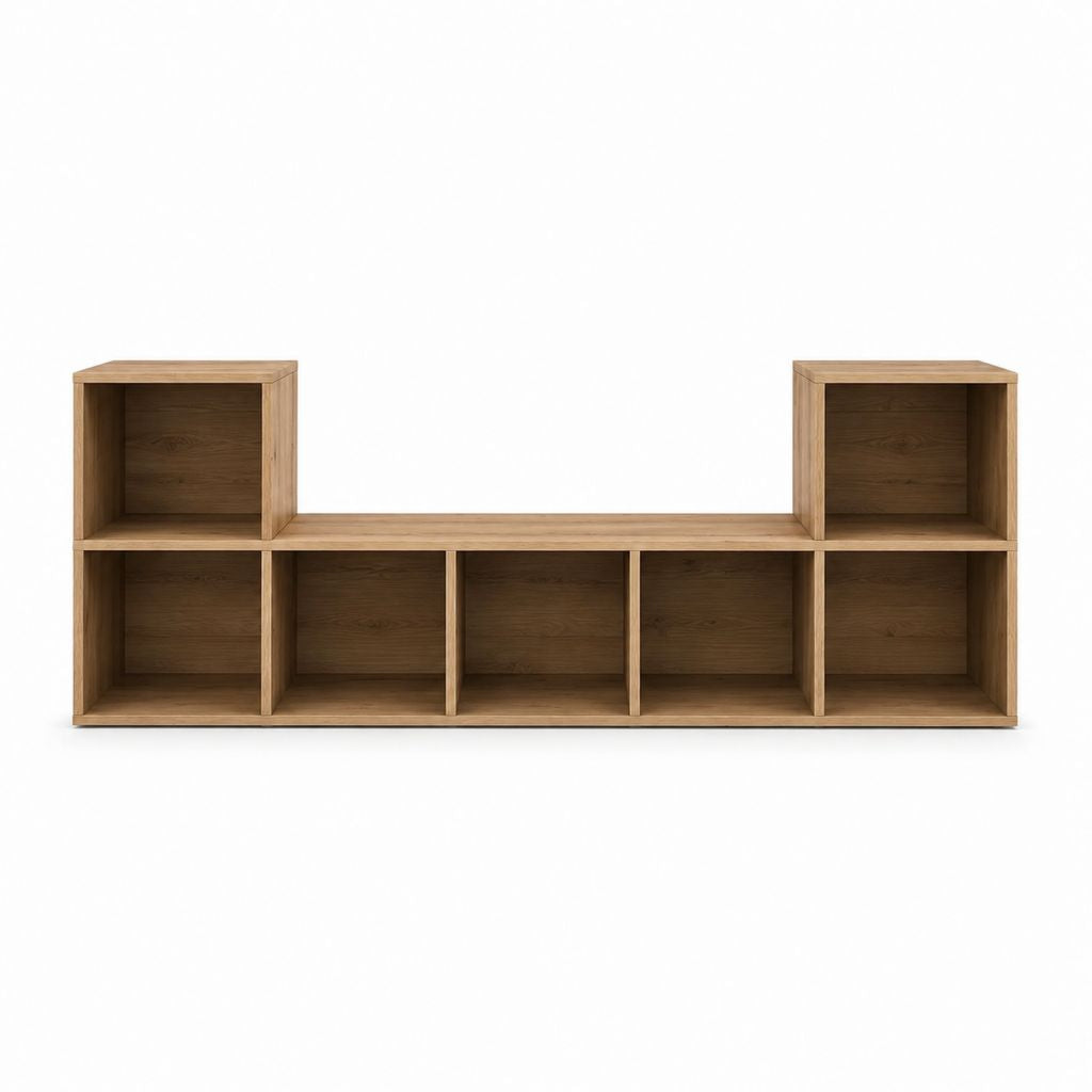 Meuble TV bas à 7 niches chêne naturel en panneaux MDF mélaminés rectangulaire 180 x 35 x 75 cm