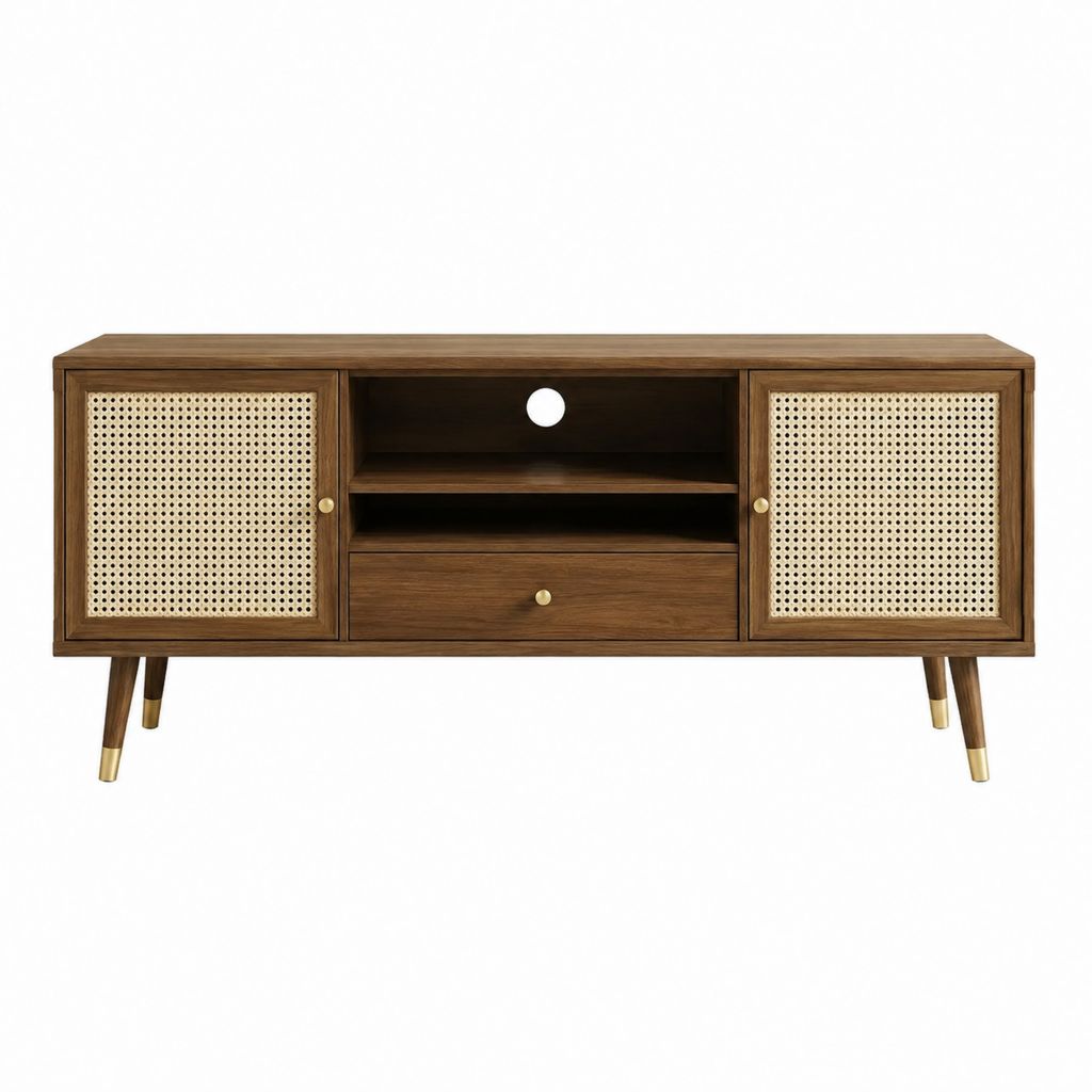 Meuble TV marron en MDF plaqué noyer avec cannage en rotin 160 x 40 x 75 cm