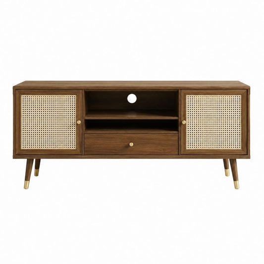 Meuble TV marron en MDF plaqué noyer avec cannage en rotin 160 x 40 x 75 cm