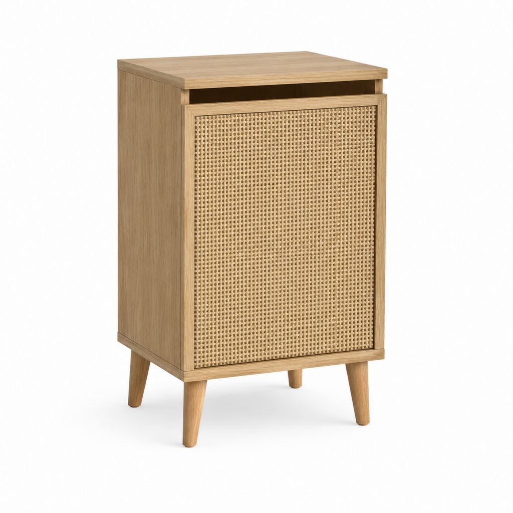 Table de chevet 1 porte en panneaux MDF placage chêne et rotin naturel 40 x 35 x 65 cm
