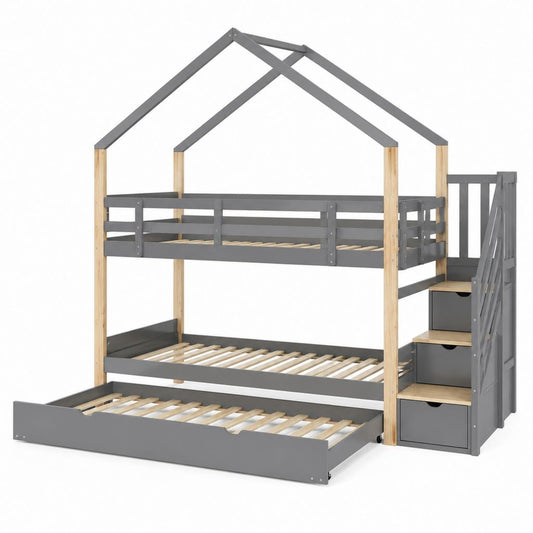 Lit superposé cabane enfant 3 couchages gris et pin massif 90 x 190 cm 244 x 105 x 220 cm