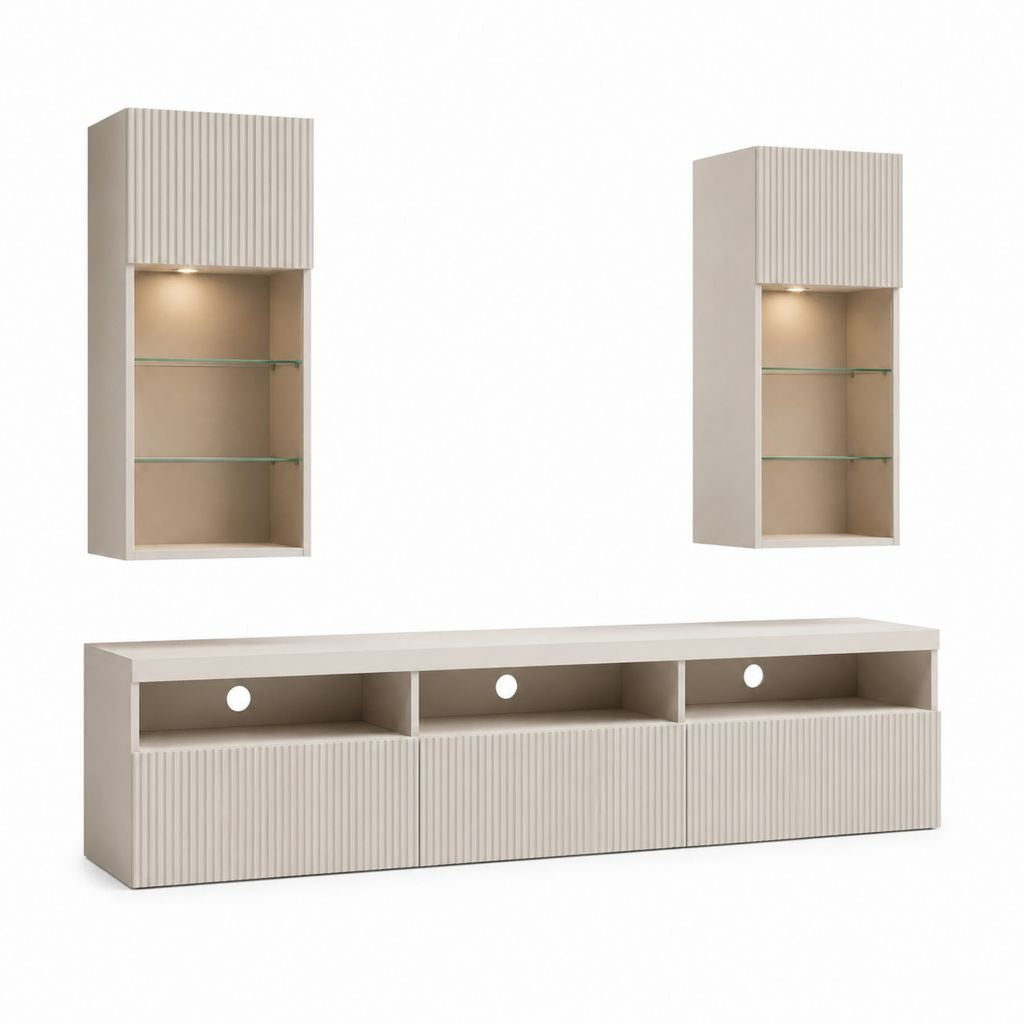 Ensemble meuble TV mural beige en panneaux MDF et verre trempé 180 x 40 x 180 cm